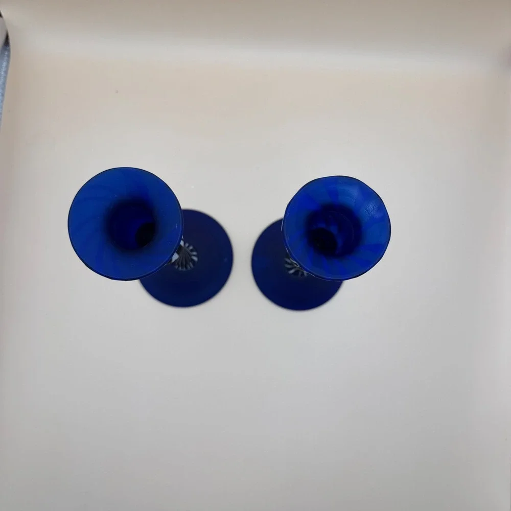 Vintage Cobalt Blue White Swirl Art Glass Candlestick Holders Set of 2 Frosted